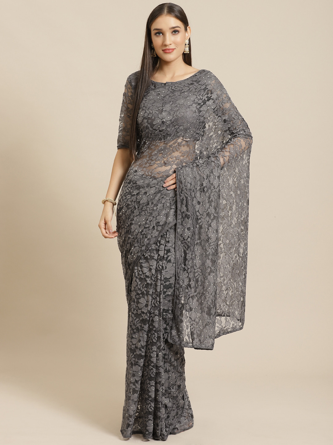 

Saree mall Charcoal Grey Lace Beaded Saree