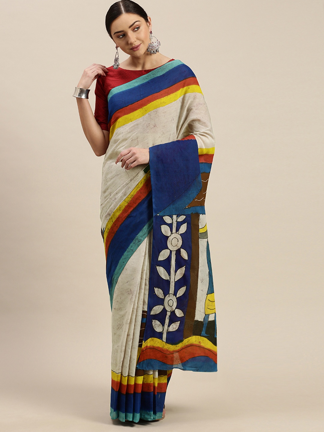 

Mitera Cream-Coloured & Brown Pure Cotton Printed Khadi Saree