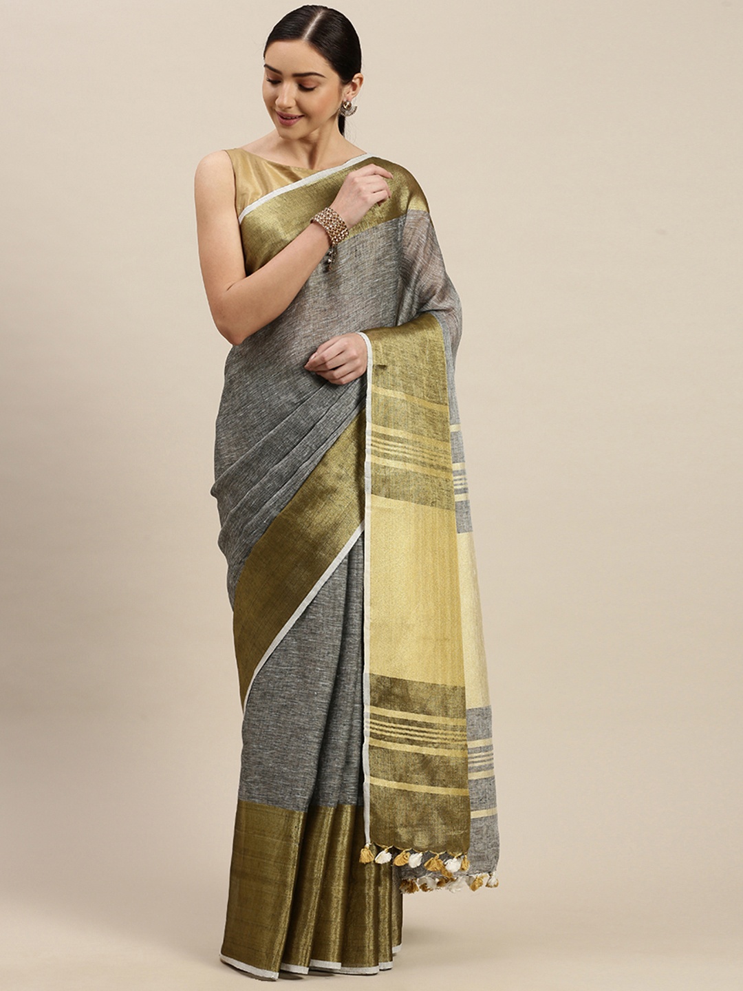 

Mitera Grey Pure Linen Solid Bhagalpuri Handloom Saree