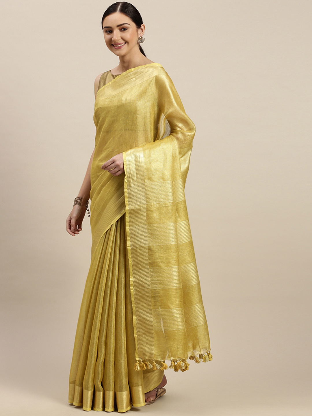 

Mitera Golden Tissue Solid Bhagalpuri Handloom Saree, Gold