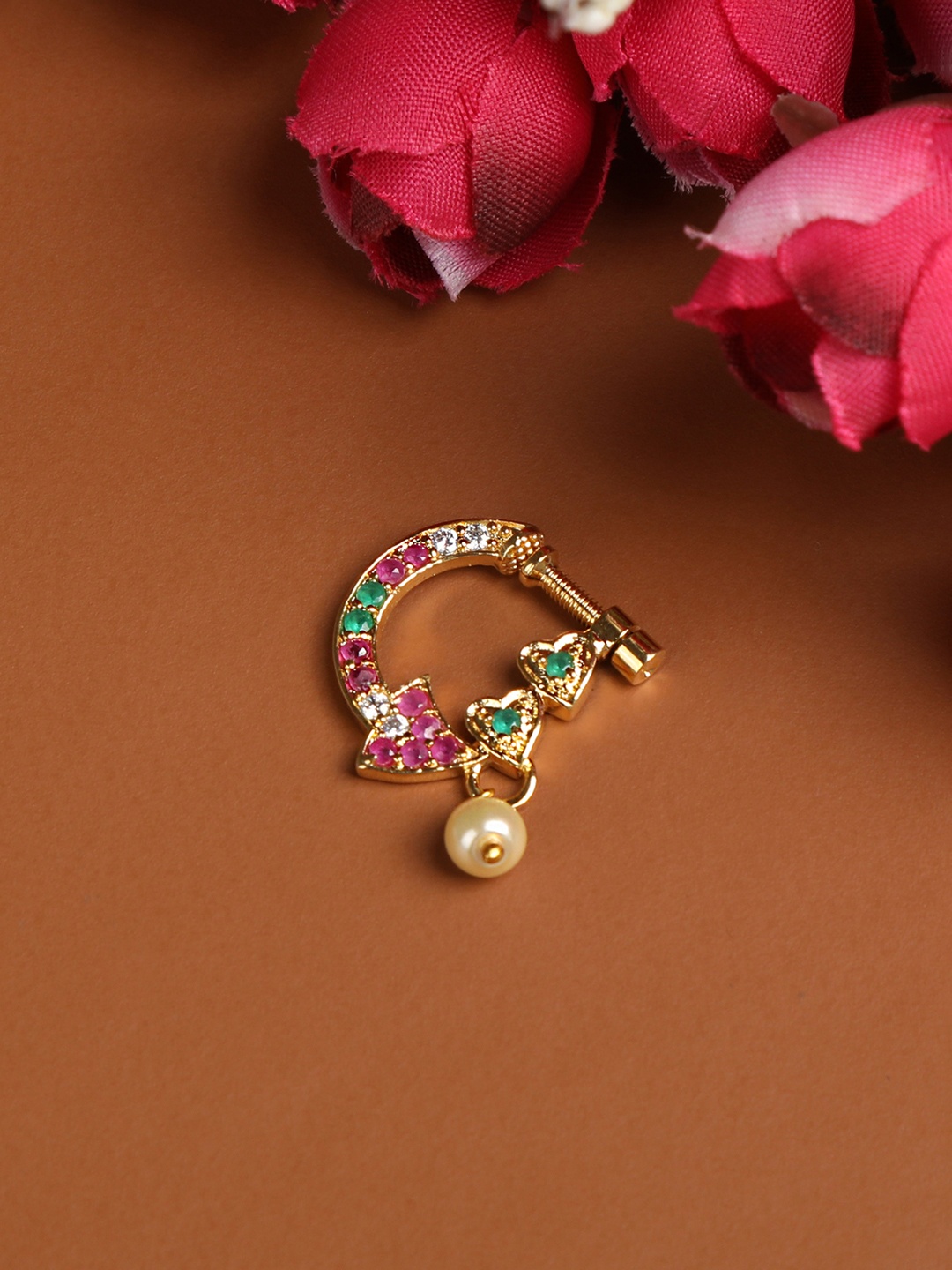 

AccessHer Maroon & Green 14kt Gold Plated AD Studded Handcrafted Nose Ring