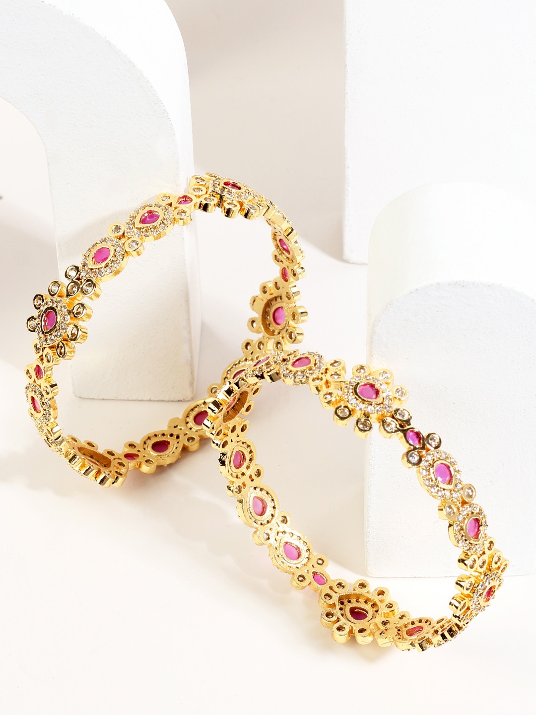 

AccessHer Set Of 2 Gold-Plated & Pink Embellished Studded Handcrafted Bangles