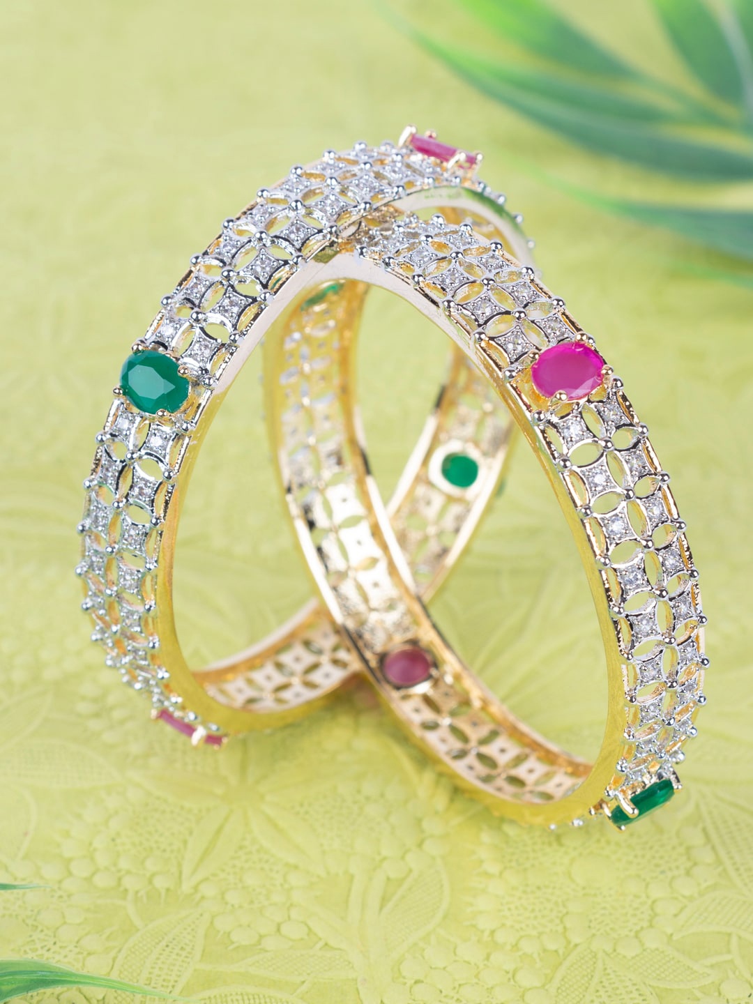

AccessHer Set Of 2 Gold-Plated & Green AD Studded Handcrafted Bangles
