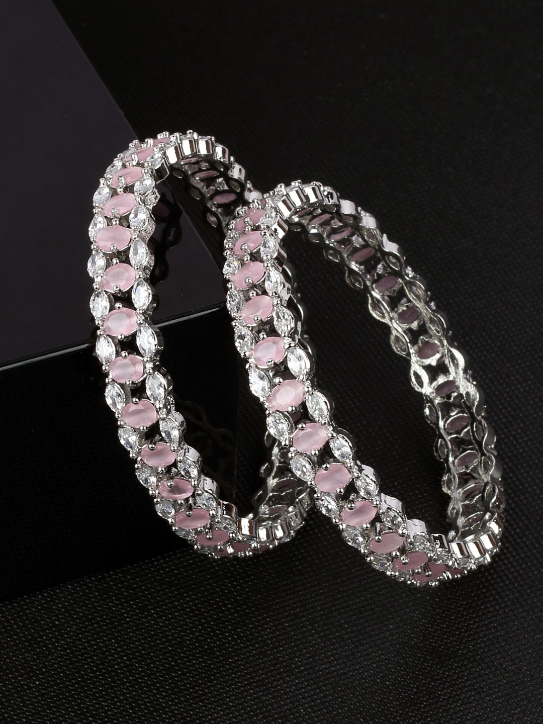 

AccessHer Set Of 2 Silver-Plated & Pink AD Studded Handcrafted Bangles