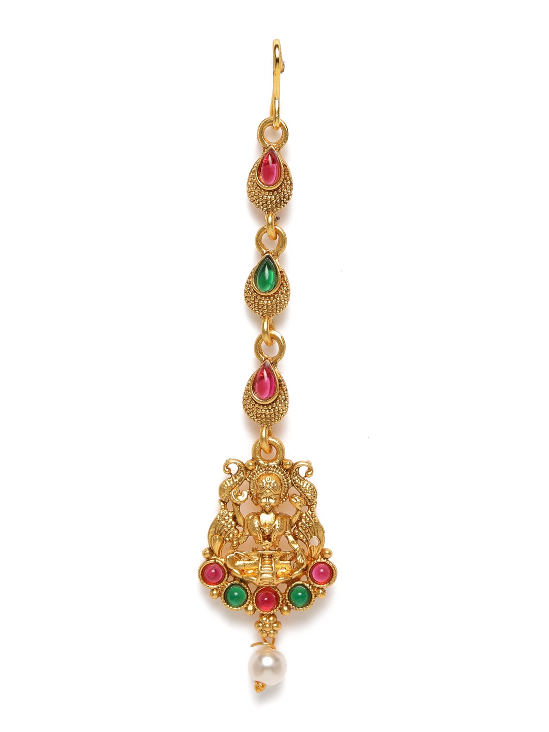 

AccessHer Red & Green Gold-Toned Brass-Plated Stone-Studded Temple Maangtikka