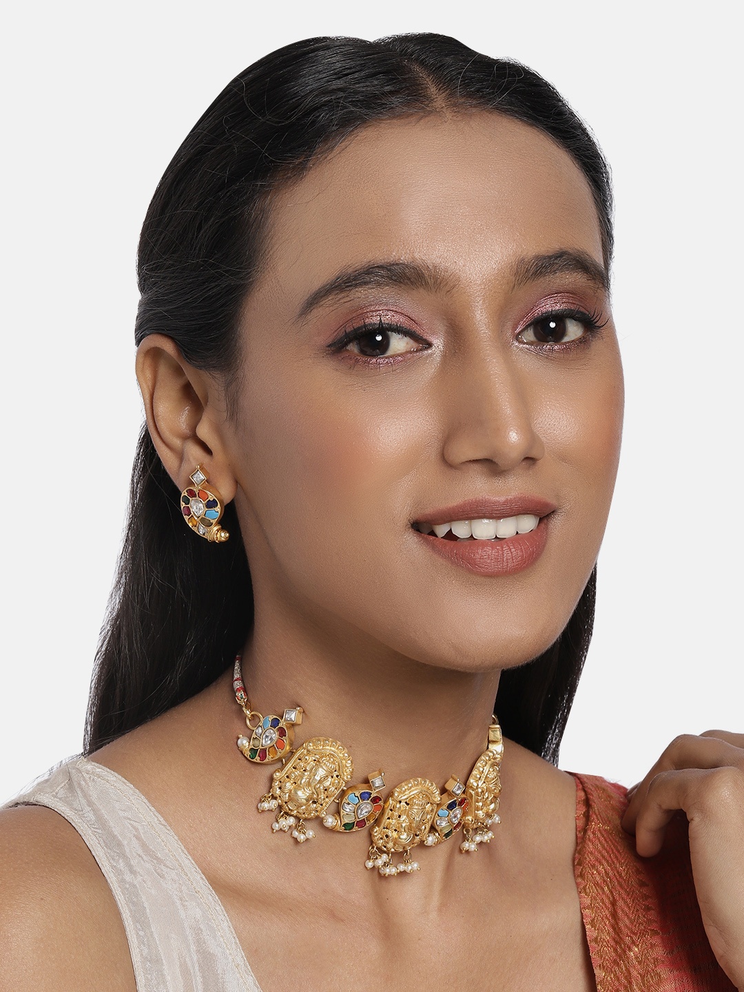 

AccessHer Gold-Plated Studded Temple Jewellery Set