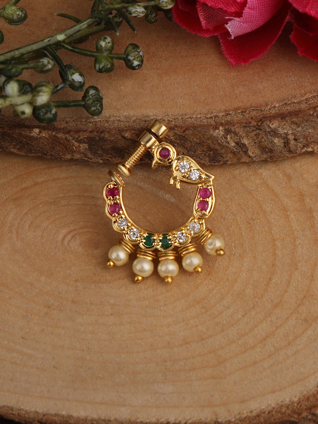 

AccessHer Maroon & Green 14kt Gold Plated AD Studded Handcrafted Nose Ring