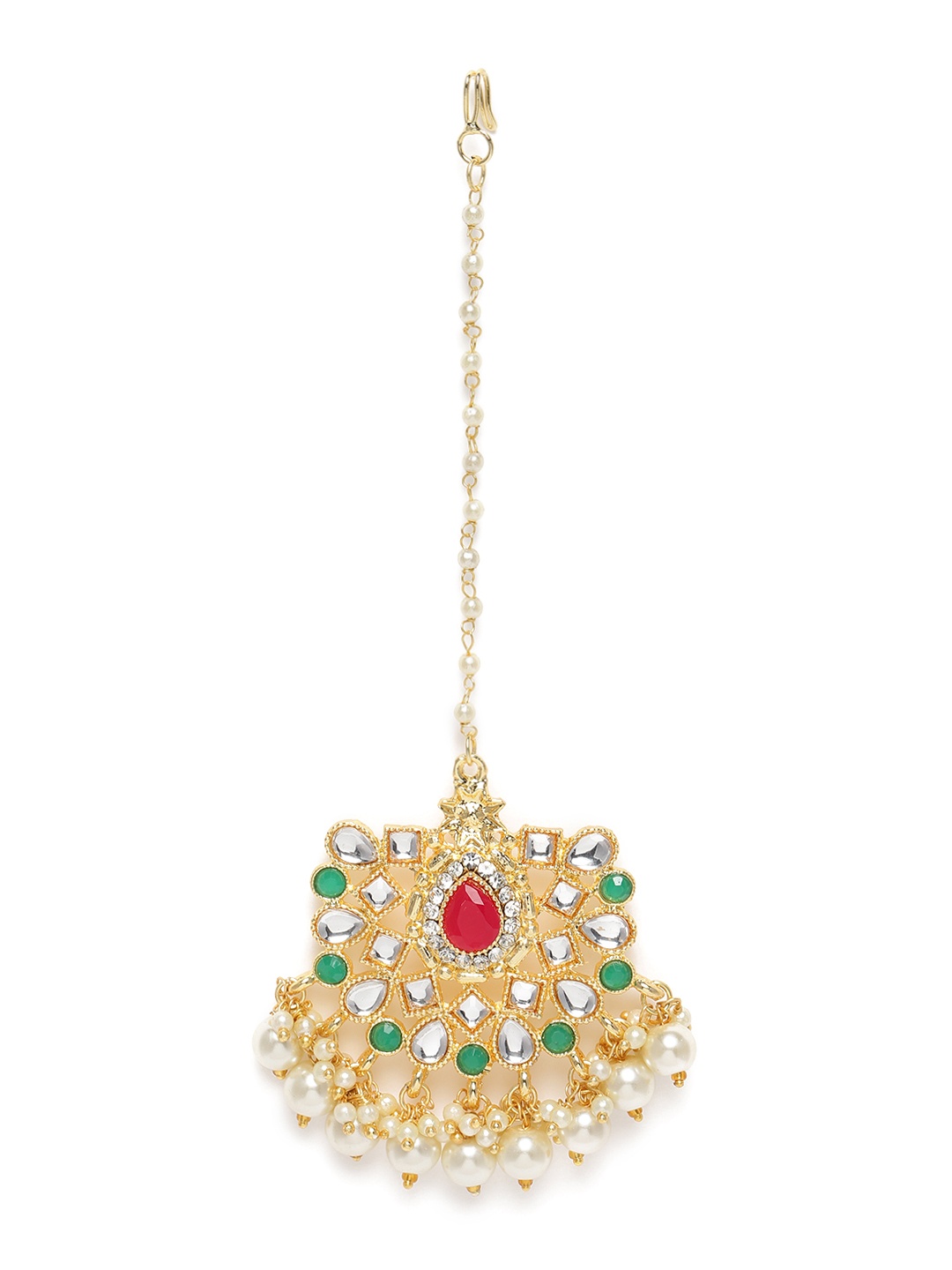 

LAIDA White & Green Brass-Plated Kundan-Studded Handcrafted Maangtikka, Gold