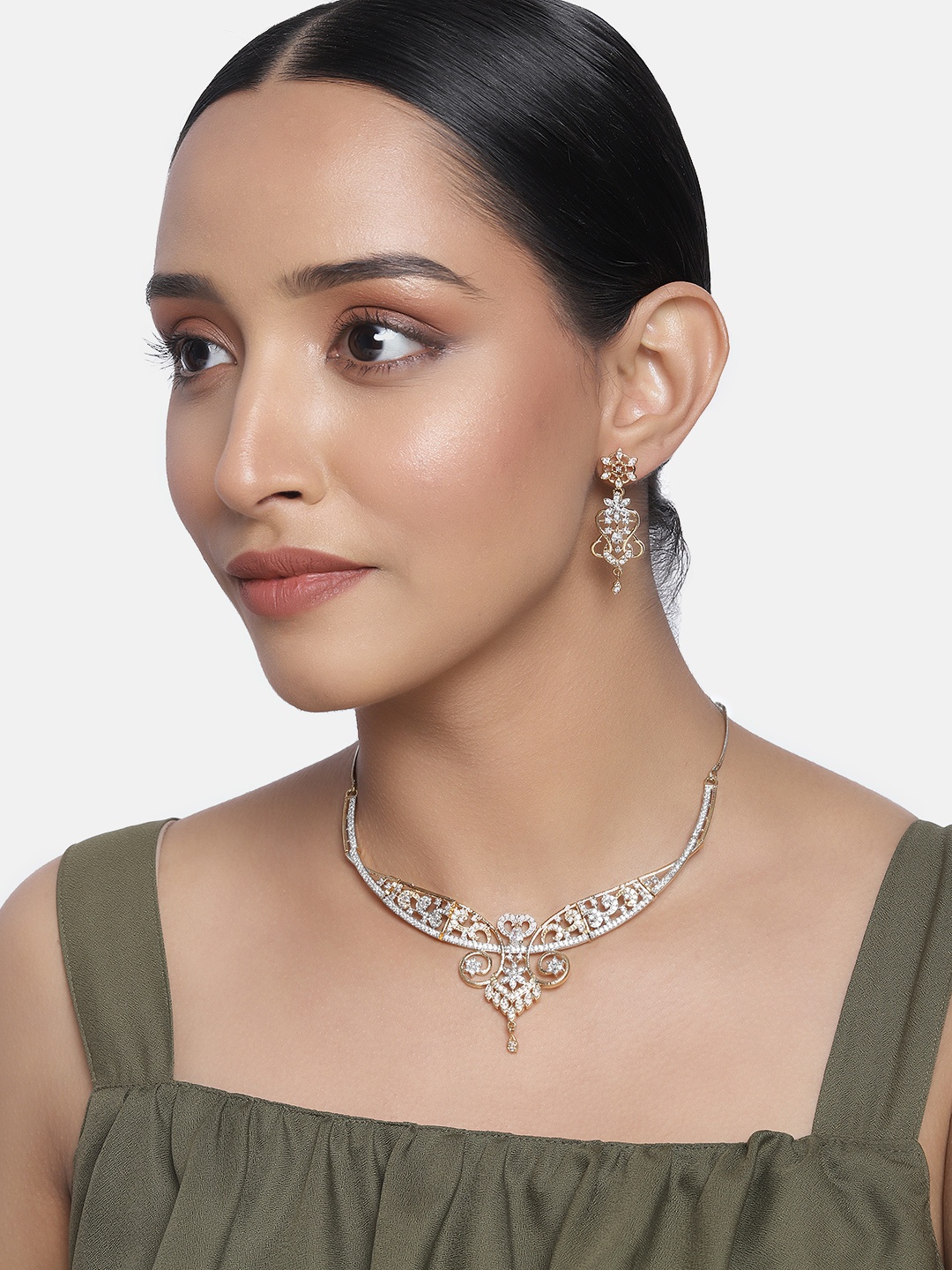 

AccessHer Gold Plated & White Embellished CZ & AD Studded Jewellery Set