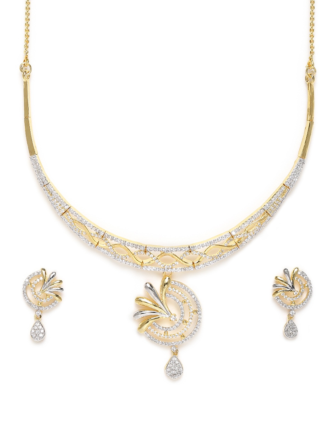 

AccessHer Silver-Toned Gold Plated CZ & AD Studded Handcrafted Jewellery Set