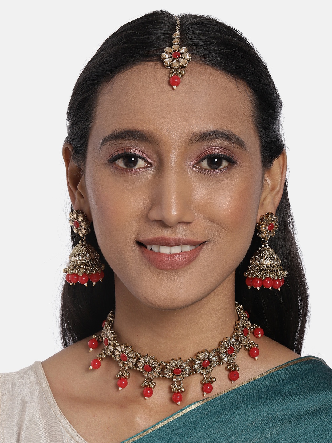 

AccessHer Antique Gold-Plated & Red Handcrafted Choker Style Jewellery Set