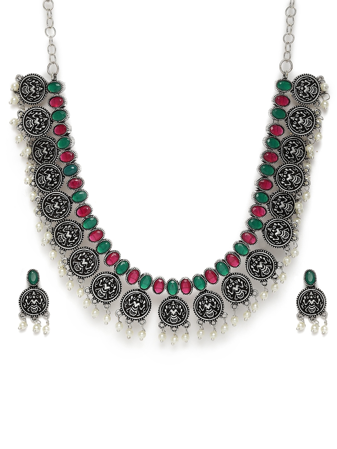 

AccessHer Red & Green Oxidised Silver-Plated Studded Choker Jewellery Set