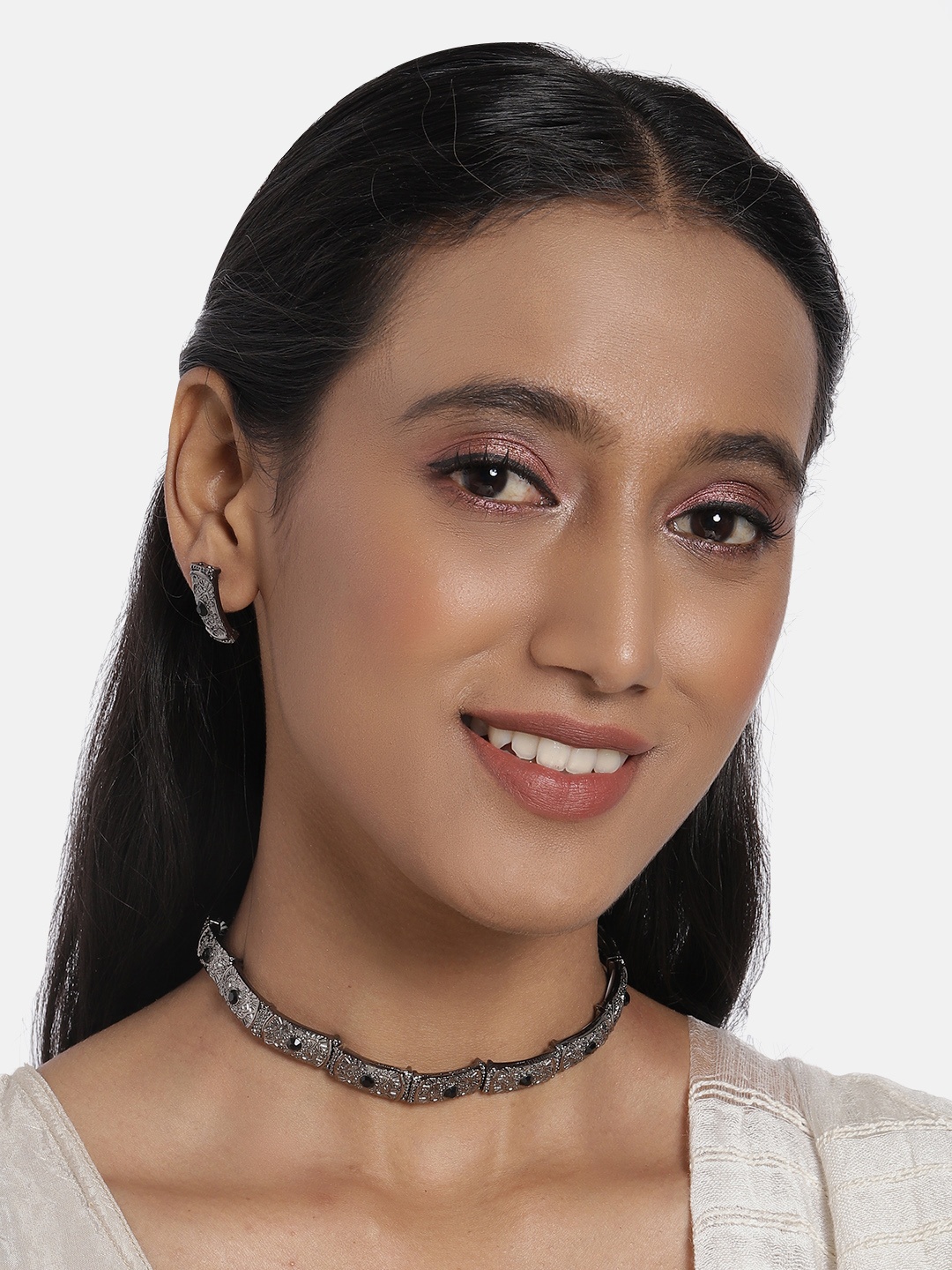 

AccessHer Silver-Toned Black-PLated AD Studded Handcrafted Choker Jewellery Set