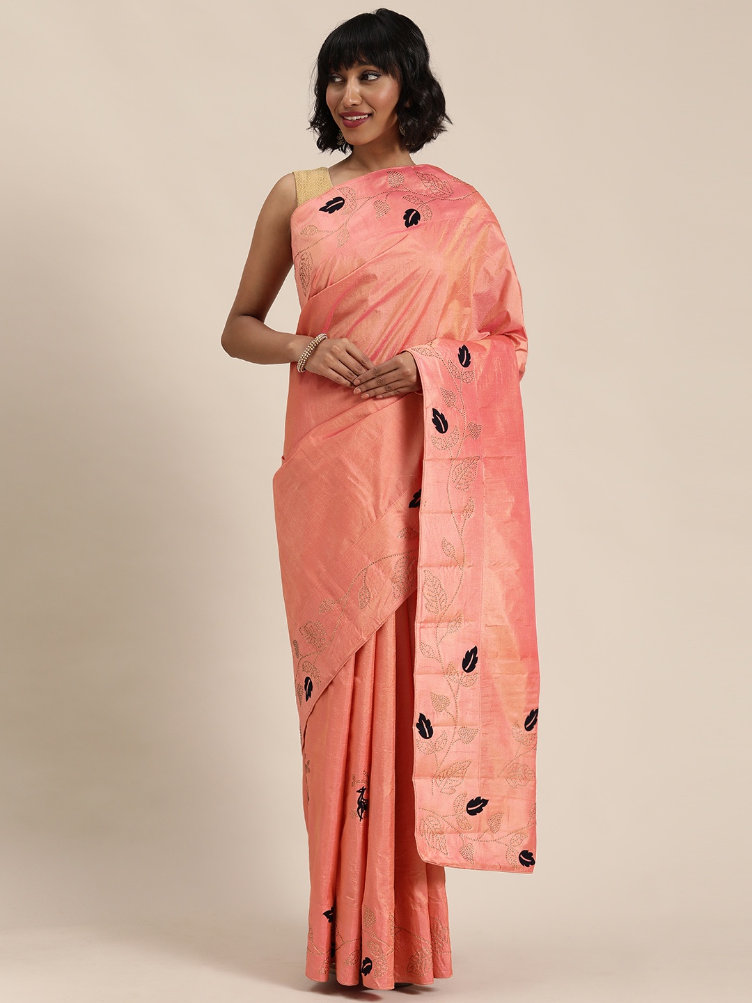 

Mitera Peach-Coloured & Black Poly Silk Embellished Saree