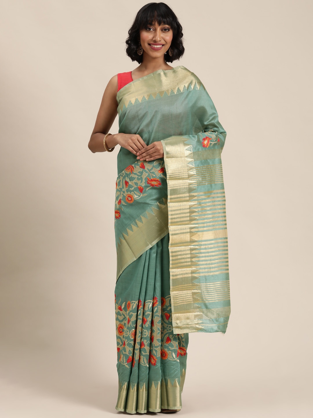 

Mitera Sea Green & Gold-Toned Woven Design Saree