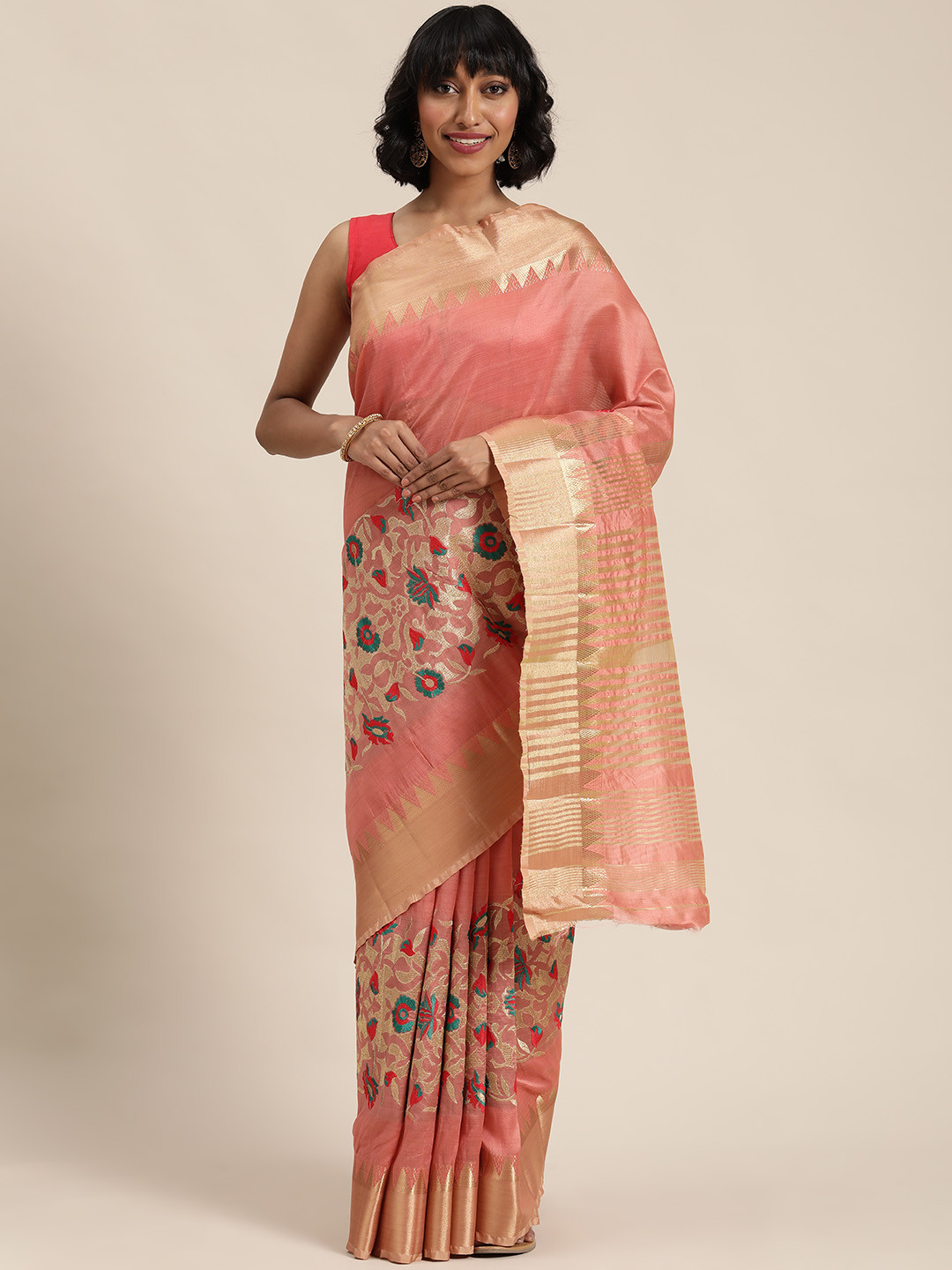 

Mitera Coral Pink & Gold-Toned Woven Design Saree