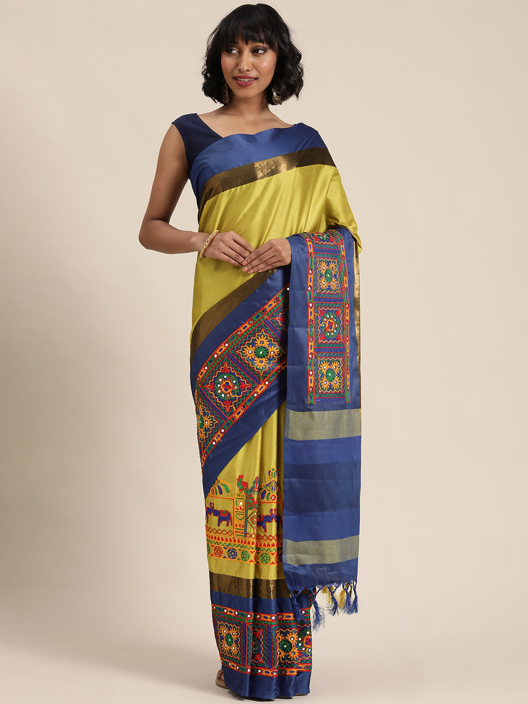

Mitera Yellow & Blue Embroidered Saree