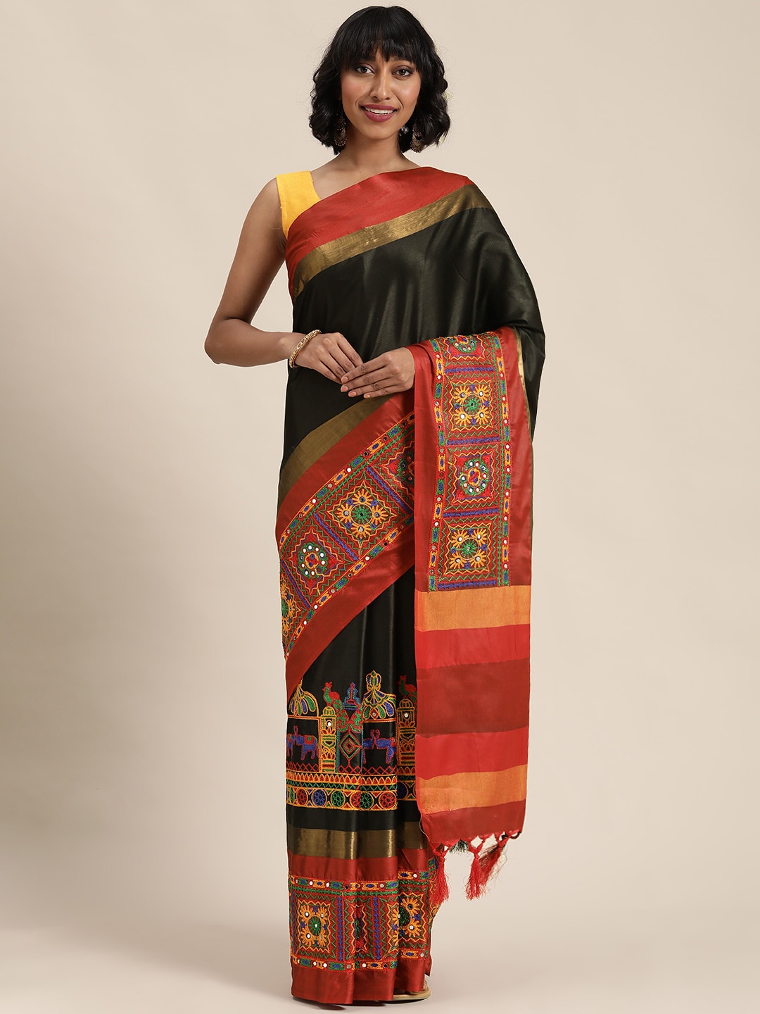 

Mitera Black & Red Embroidered Saree