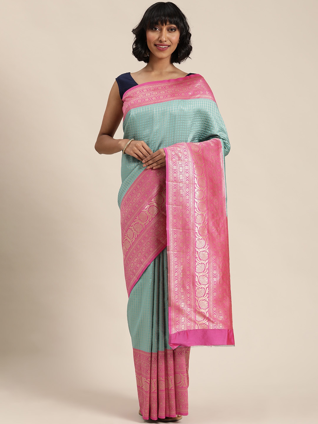 

Mitera Turquoise Blue & Pink Checked Saree