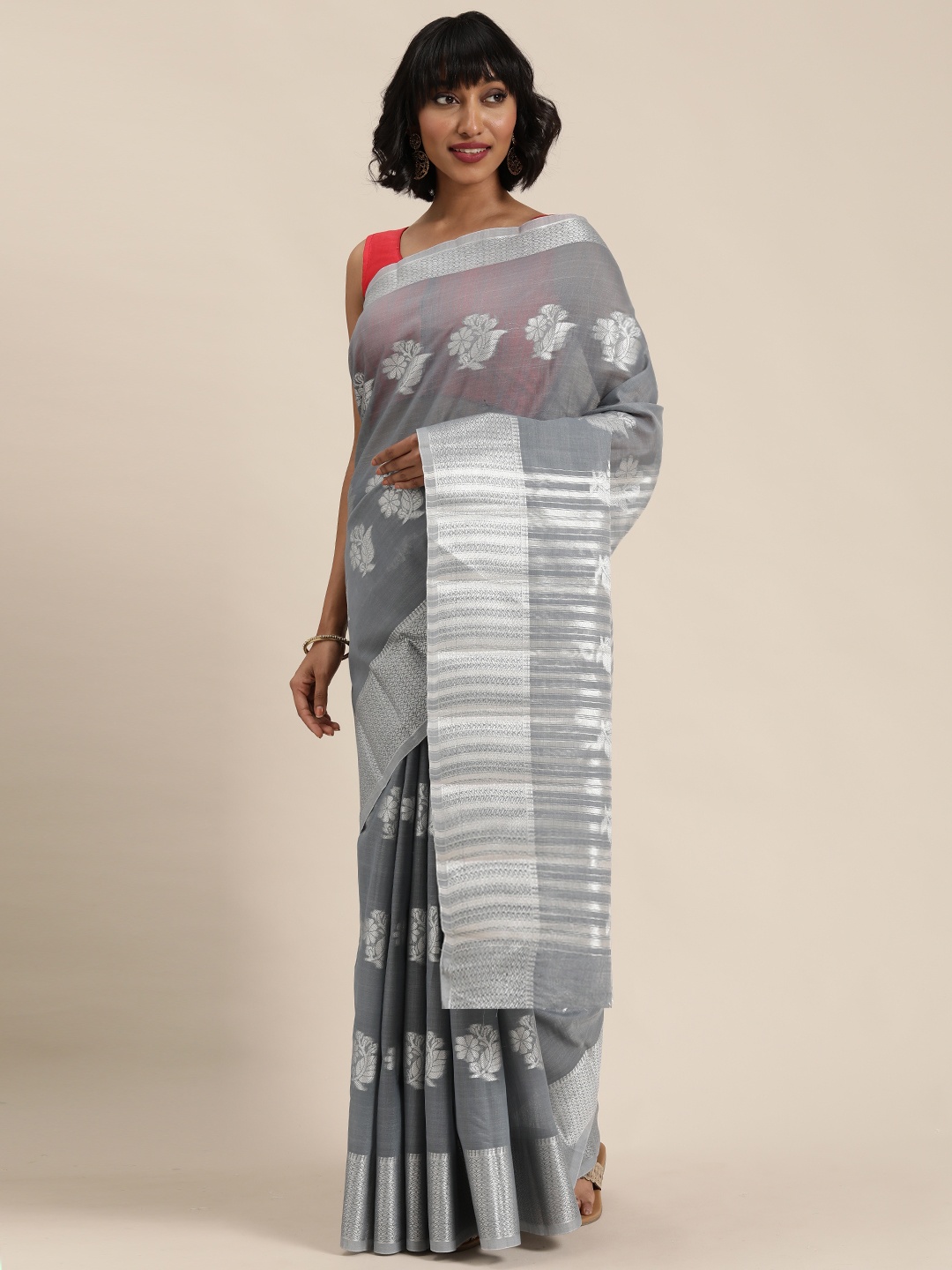 

Mitera Grey & Silver-Toned Woven Design Saree