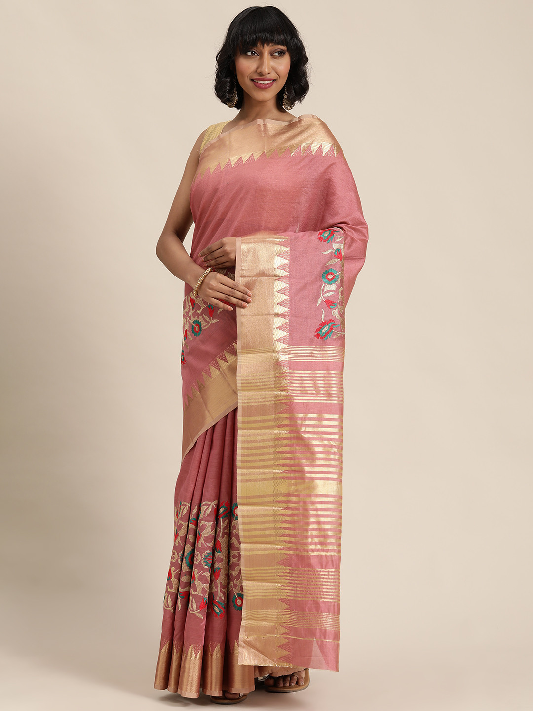 

Mitera Pink & Golden Embroidered Saree