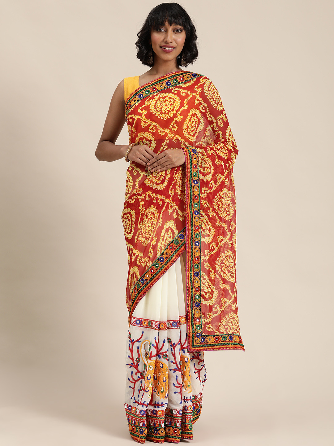

Mitera Red & White Printed Half & Half Saree with Kutchi Work