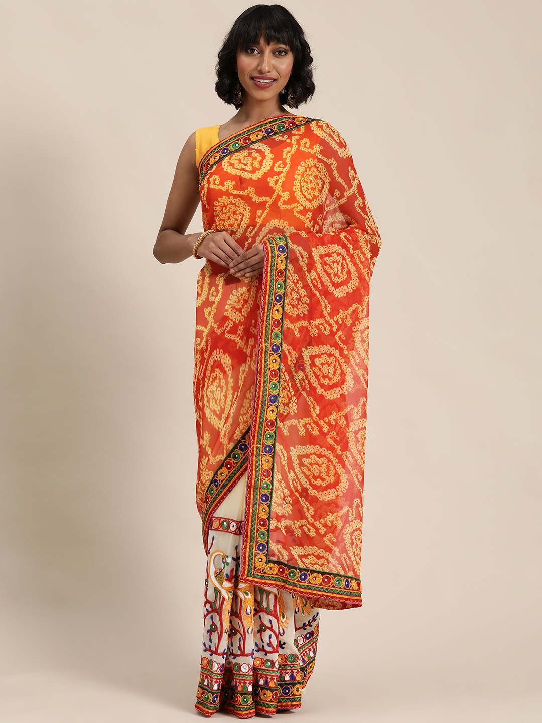 

Mitera Orange & White Printed Saree with Kutchi Work