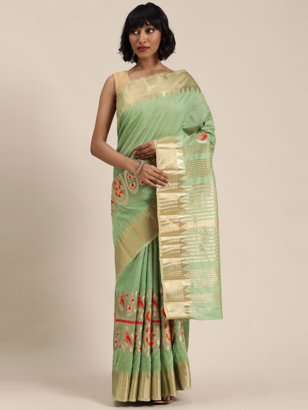 

Mitera Green & Gold-Toned Silk Cotton Woven Design Saree