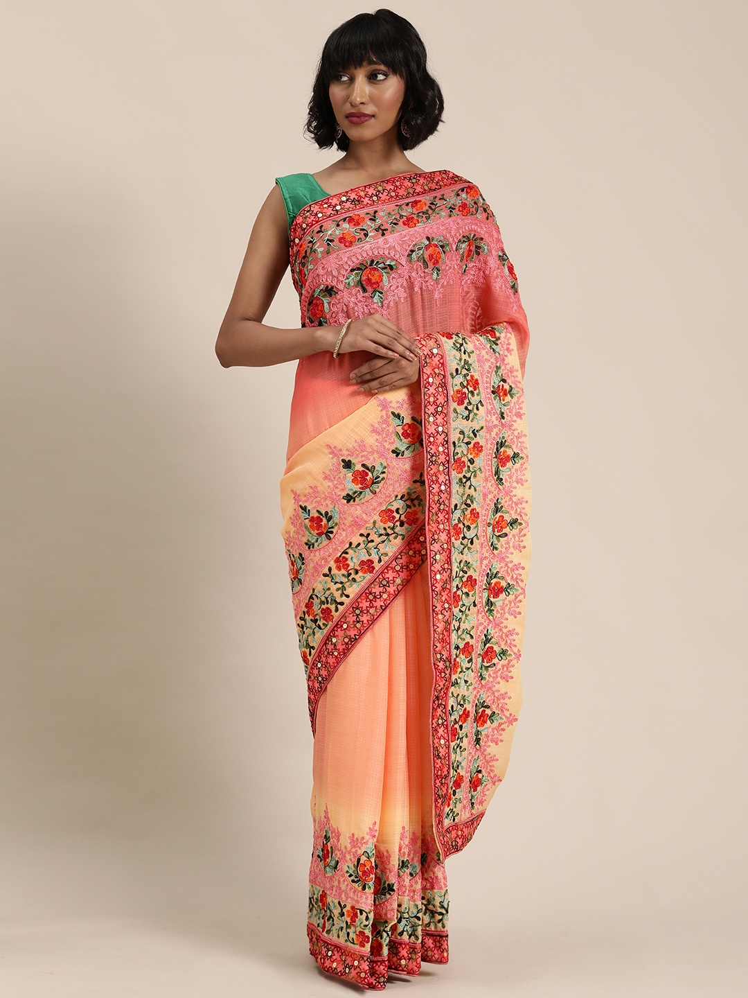 

Mitera Peach-Coloured & Orange Embroidered Saree