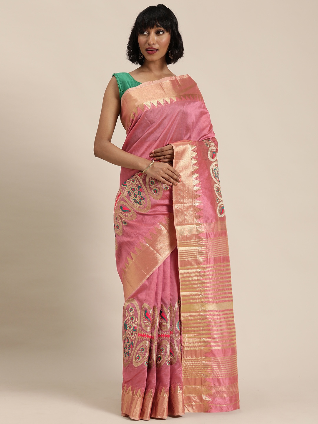 

Mitera Pink & Golden Woven Design Saree