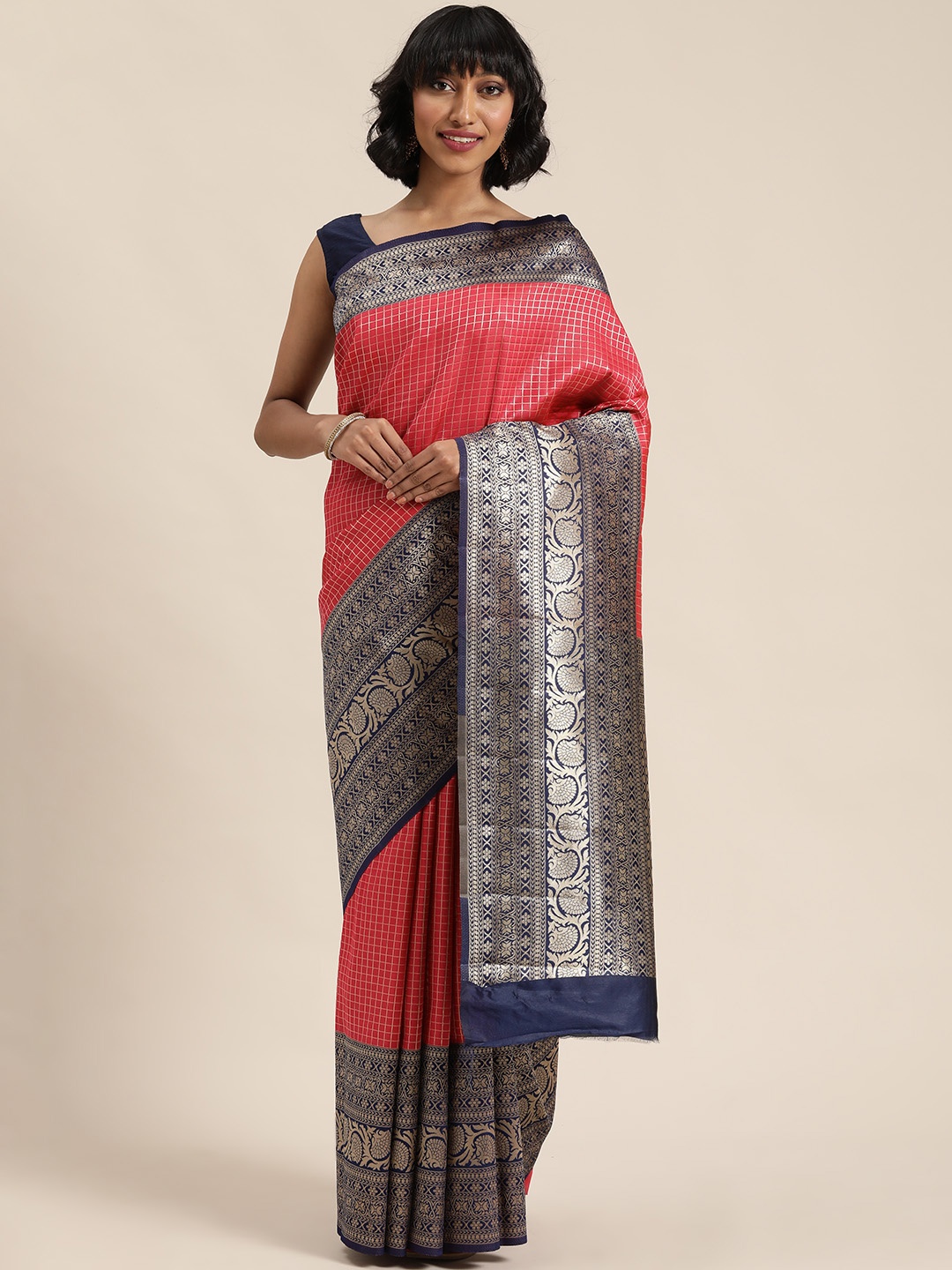 

Mitera Pink & Navy Blue Checked Saree