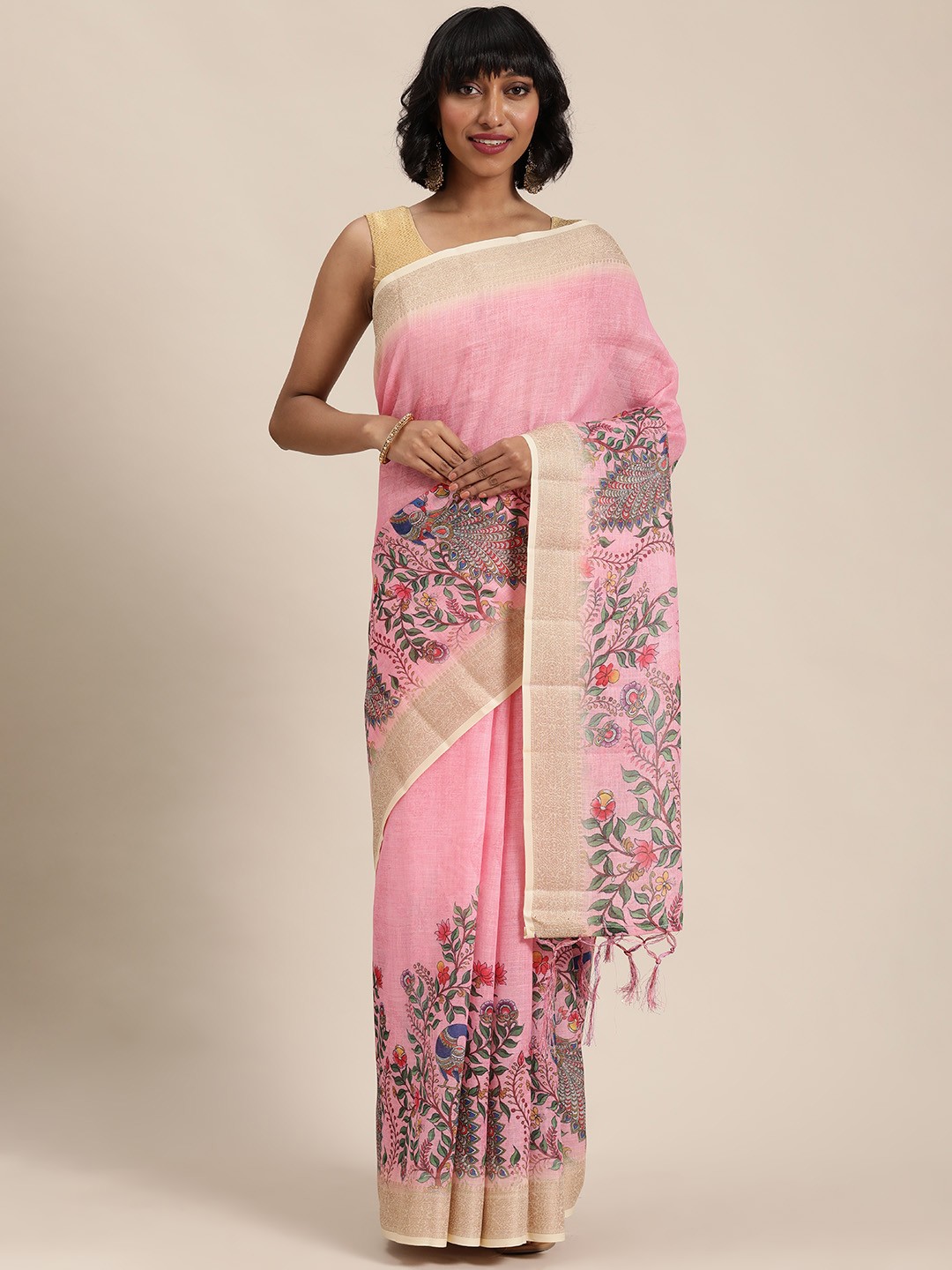 

Mitera Pink & Green Floral Print Saree