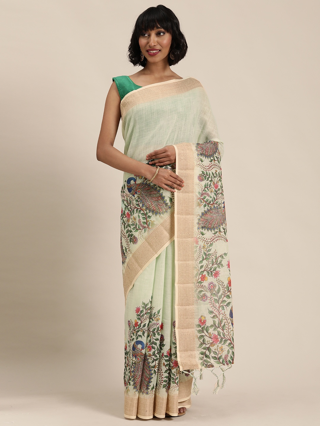 

Mitera Cream-Coloured & Green Printed Saree