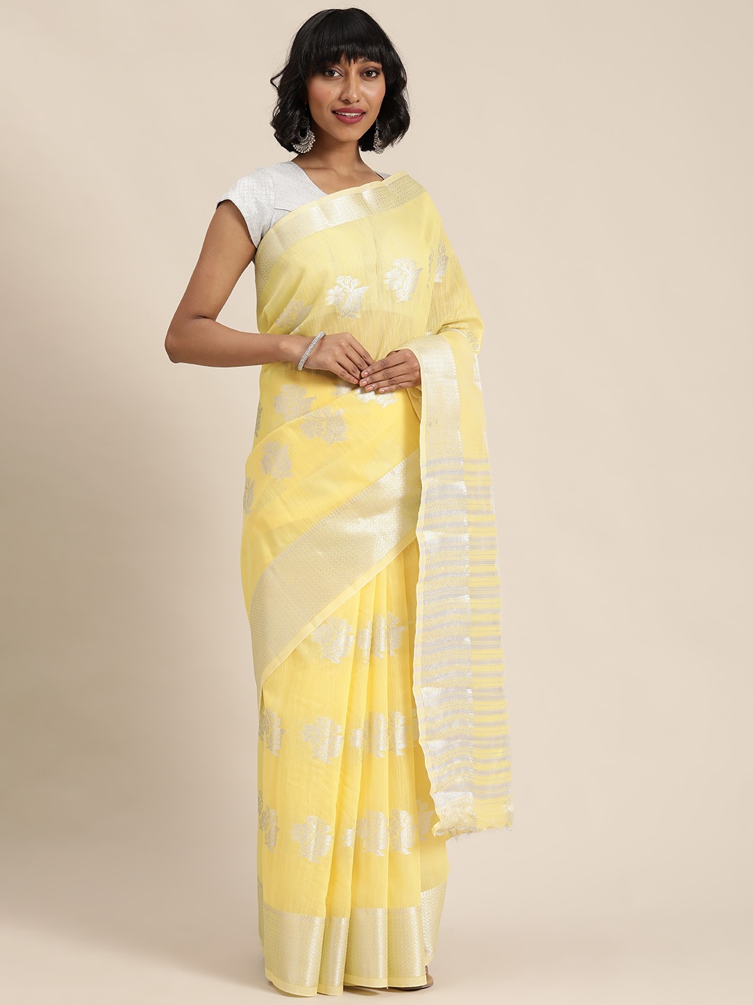 

Mitera Yellow & Silver-Coloured Woven Design Banarasi Saree