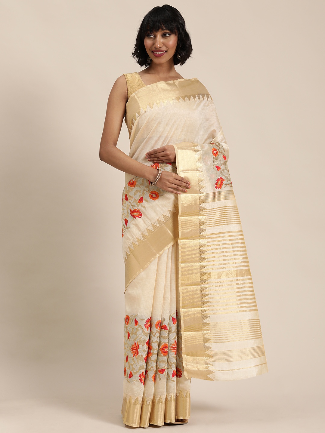

Mitera Cream-Coloured & Gold-Toned Silk Cotton Woven Design Saree