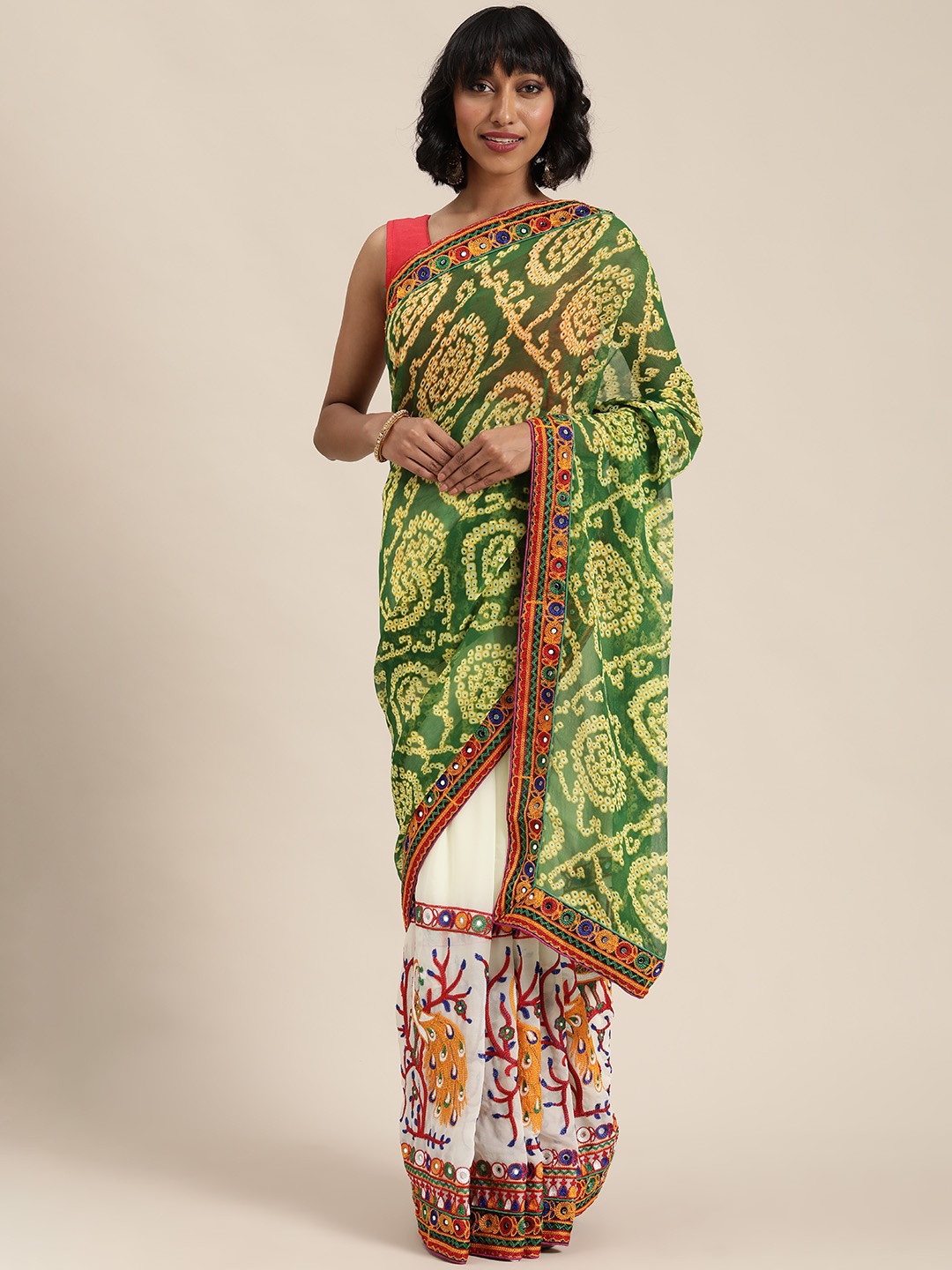 Mitera Green & White Printed Saree with Kutchi Work