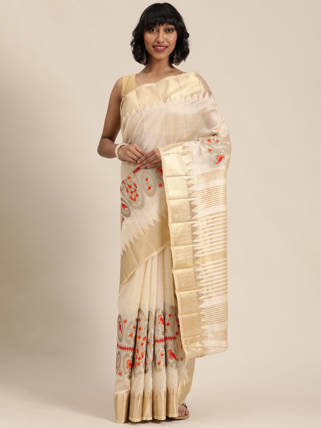 

Mitera Cream-Coloured & Golden Embroidered Saree