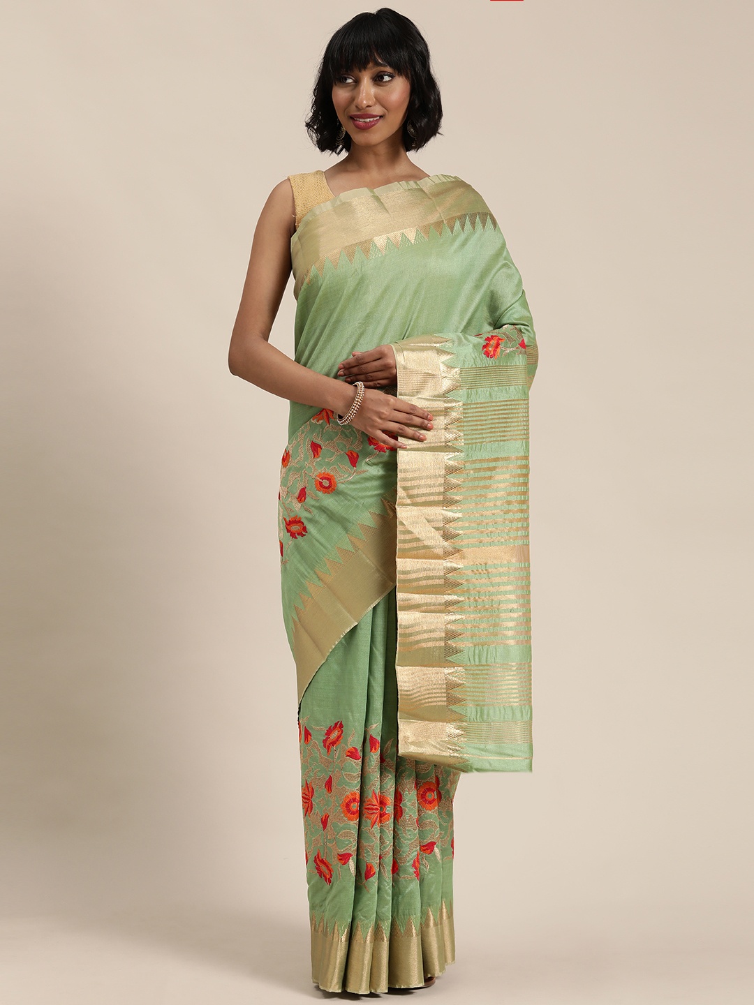 

Mitera Green & Gold-Toned Silk Cotton Woven Design Saree