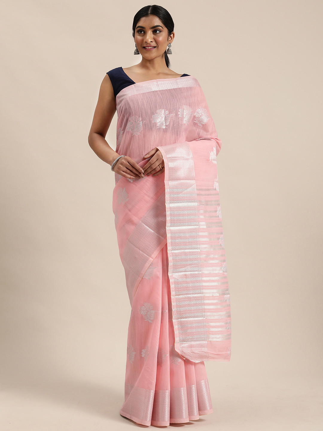 

Mitera Pink & Silver-Toned Silk Cotton Woven Design Saree
