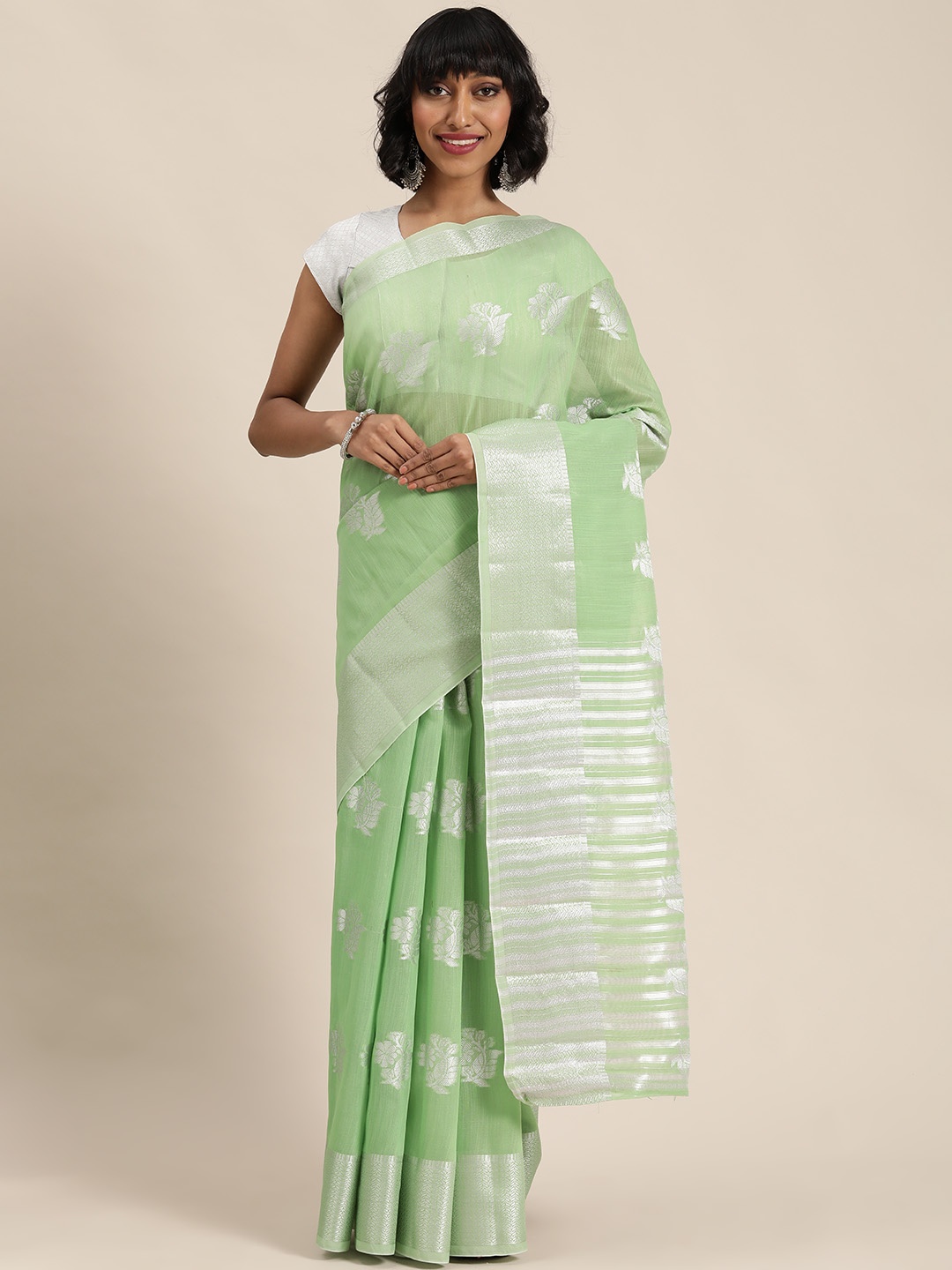 

Mitera Green & Silver-Coloured Woven Design Banarasi Saree