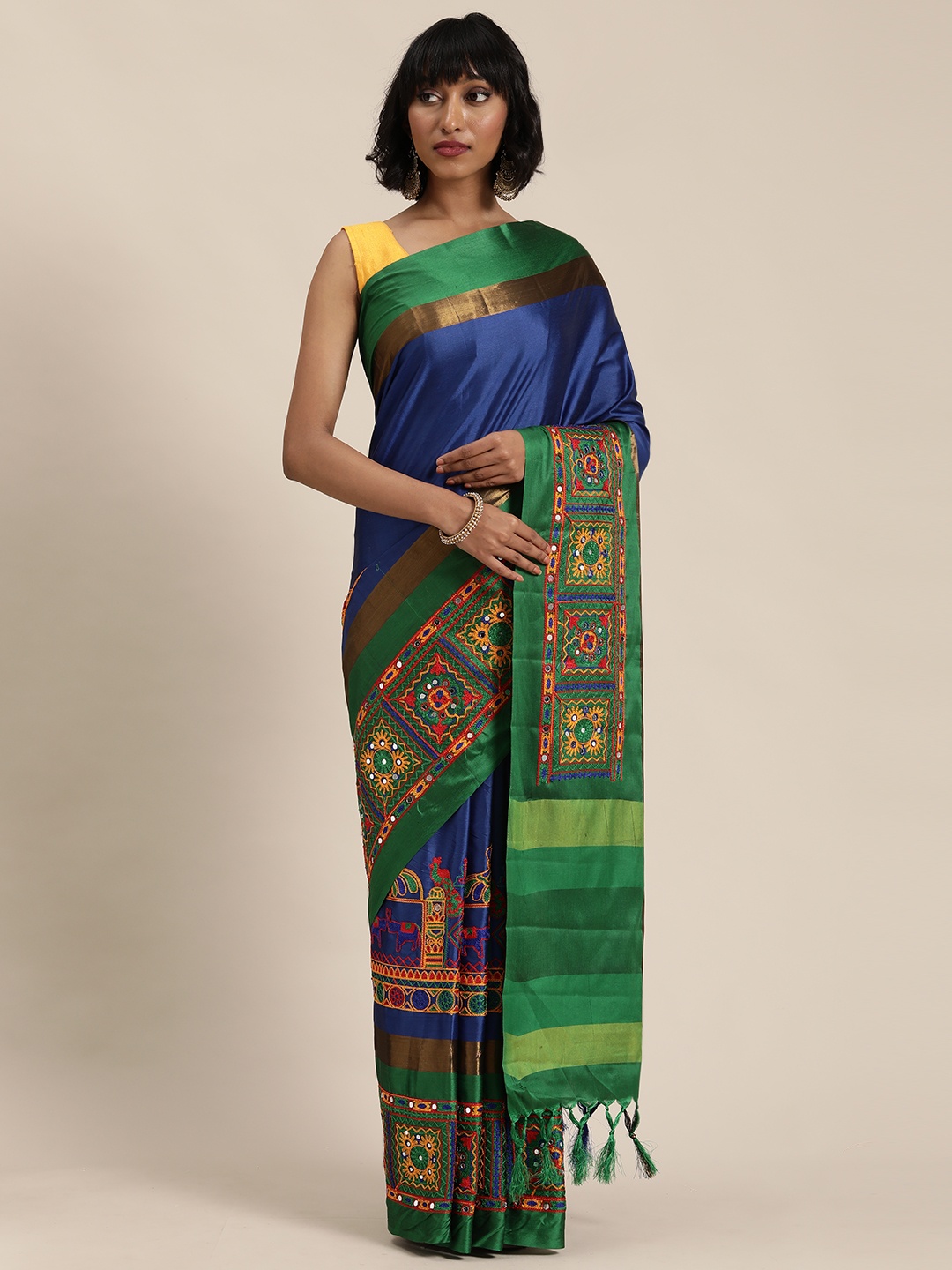 

Mitera Blue & Green Kutchi Embroidered Saree