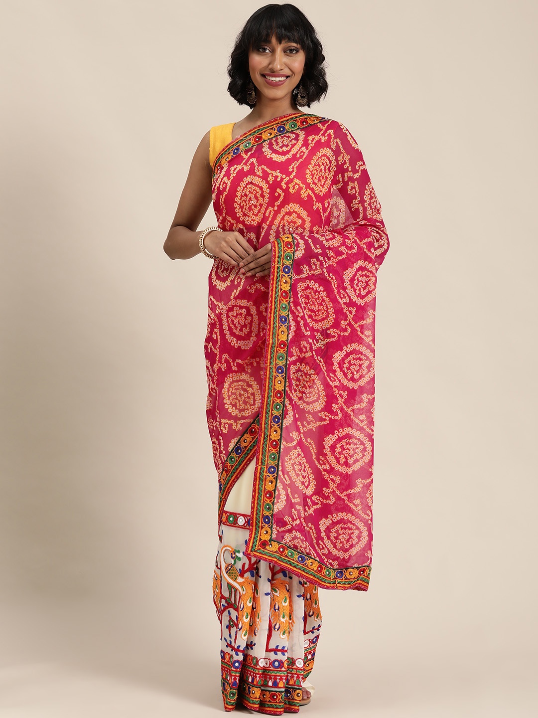 

Mitera Pink & White Printed Saree with Kutchi Work
