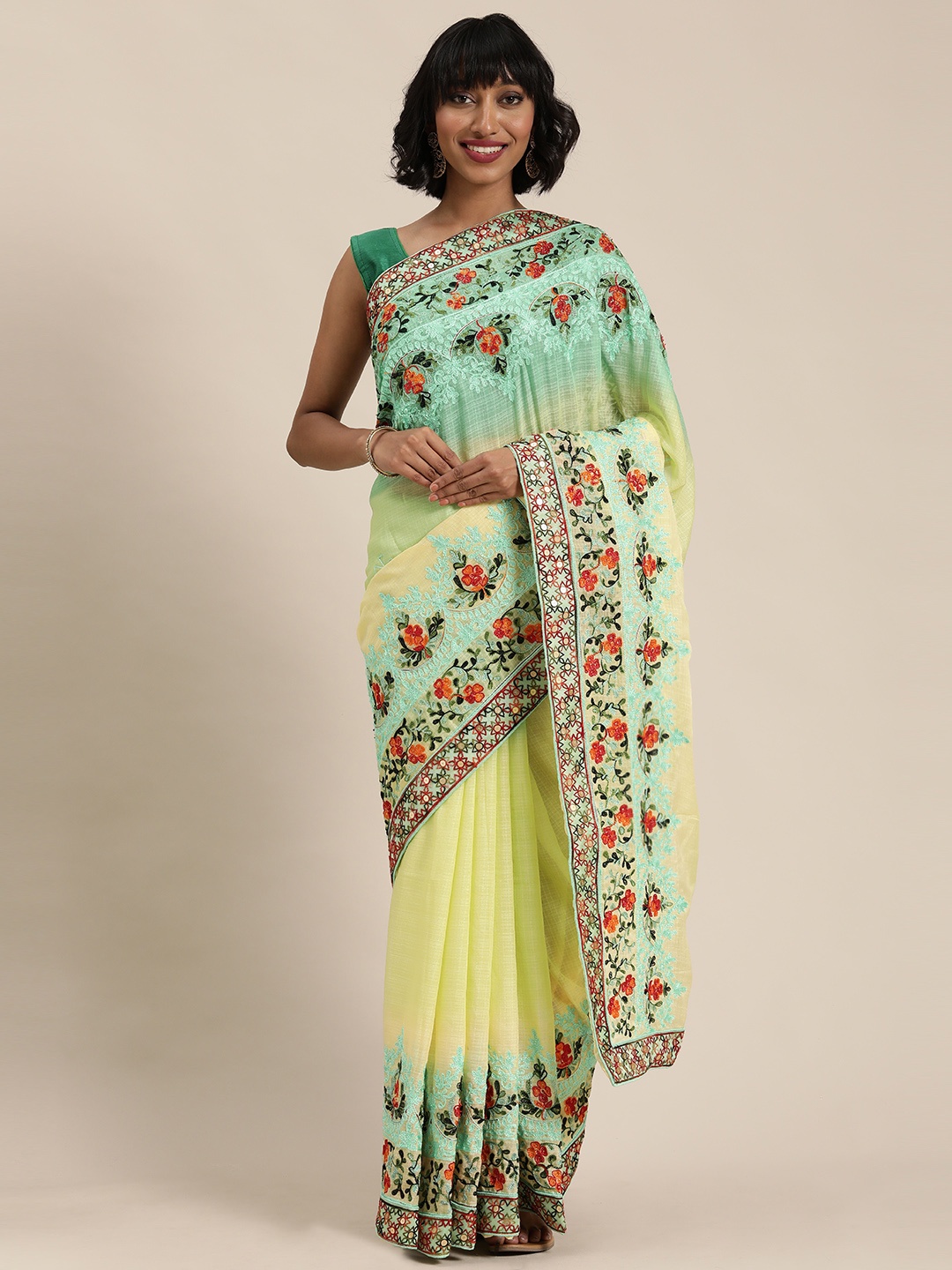 

Mitera Green & Yellow Embroidered Saree