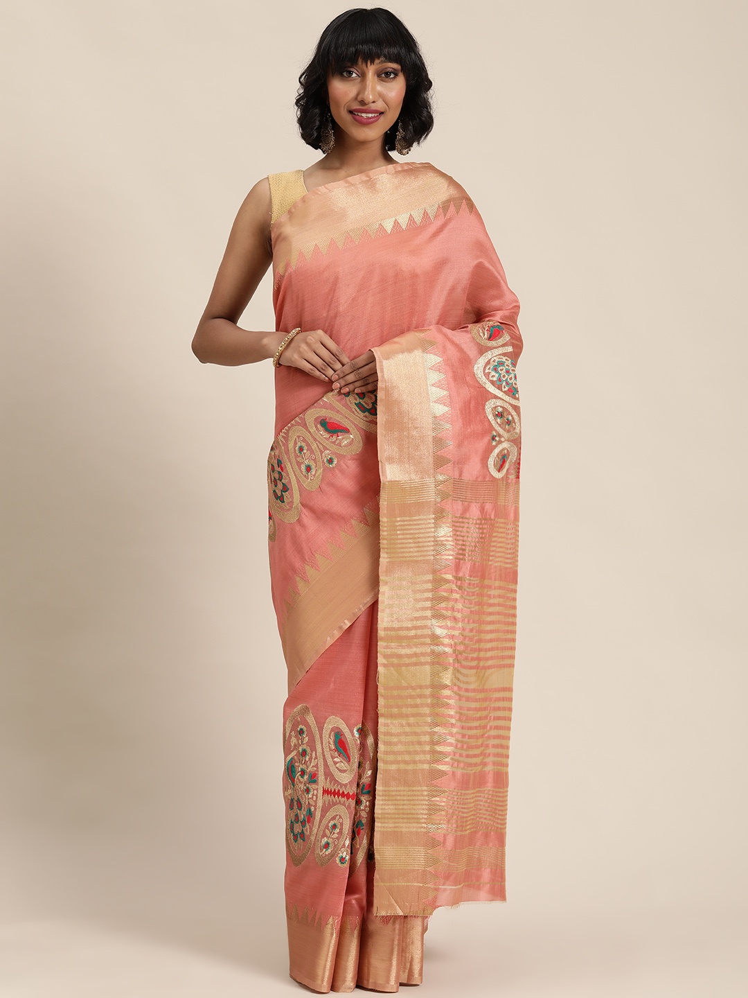 

Mitera Pink & Golden Embroidered Saree