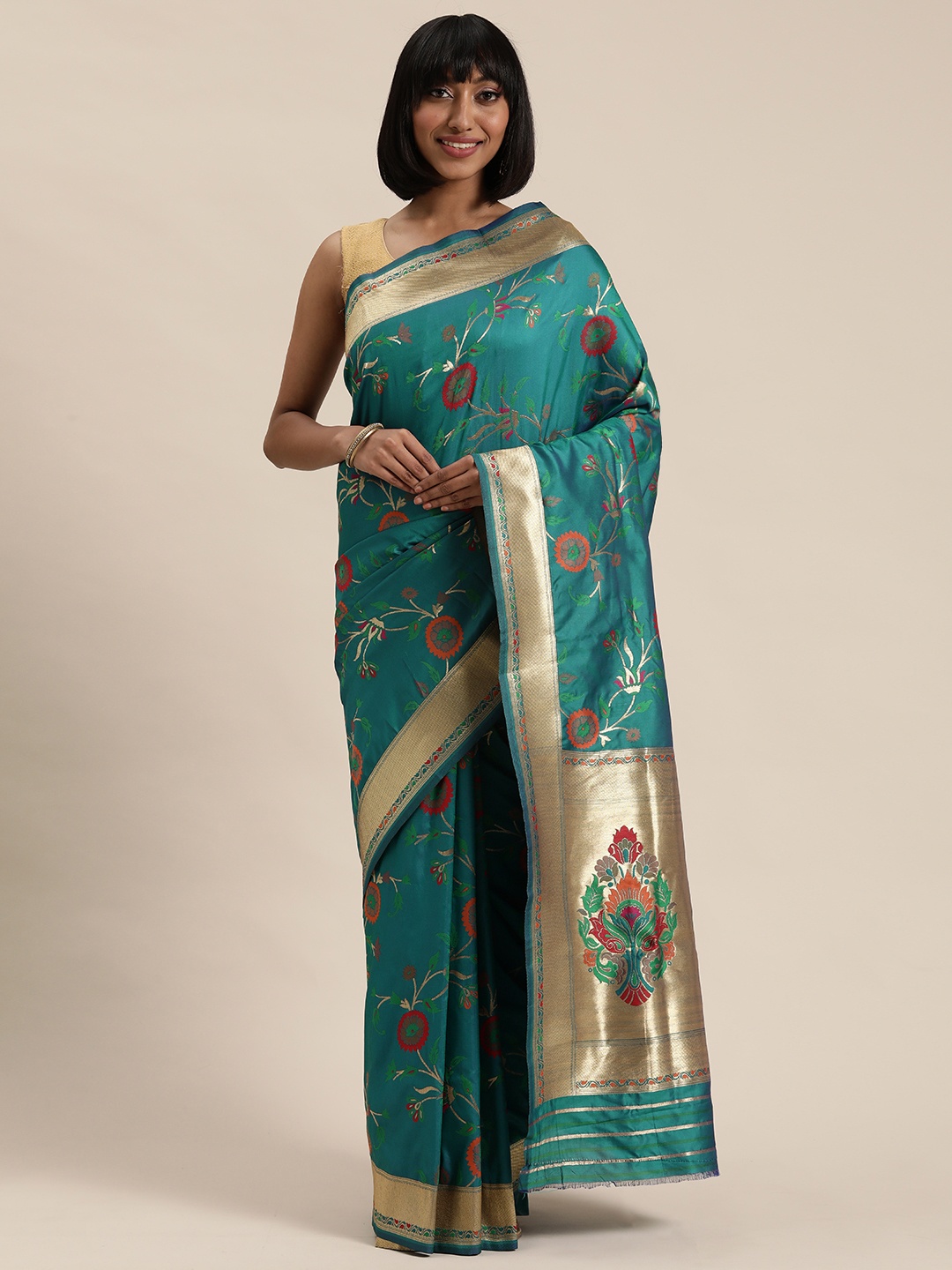

Mitera Sea Green & Gold-Toned Woven Design Kanjeevaram Saree