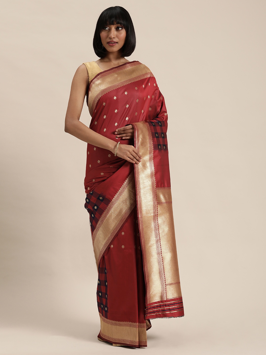 

Mitera Maroon Silk Blend Woven Design Pure Zari Kanjeevaram Saree