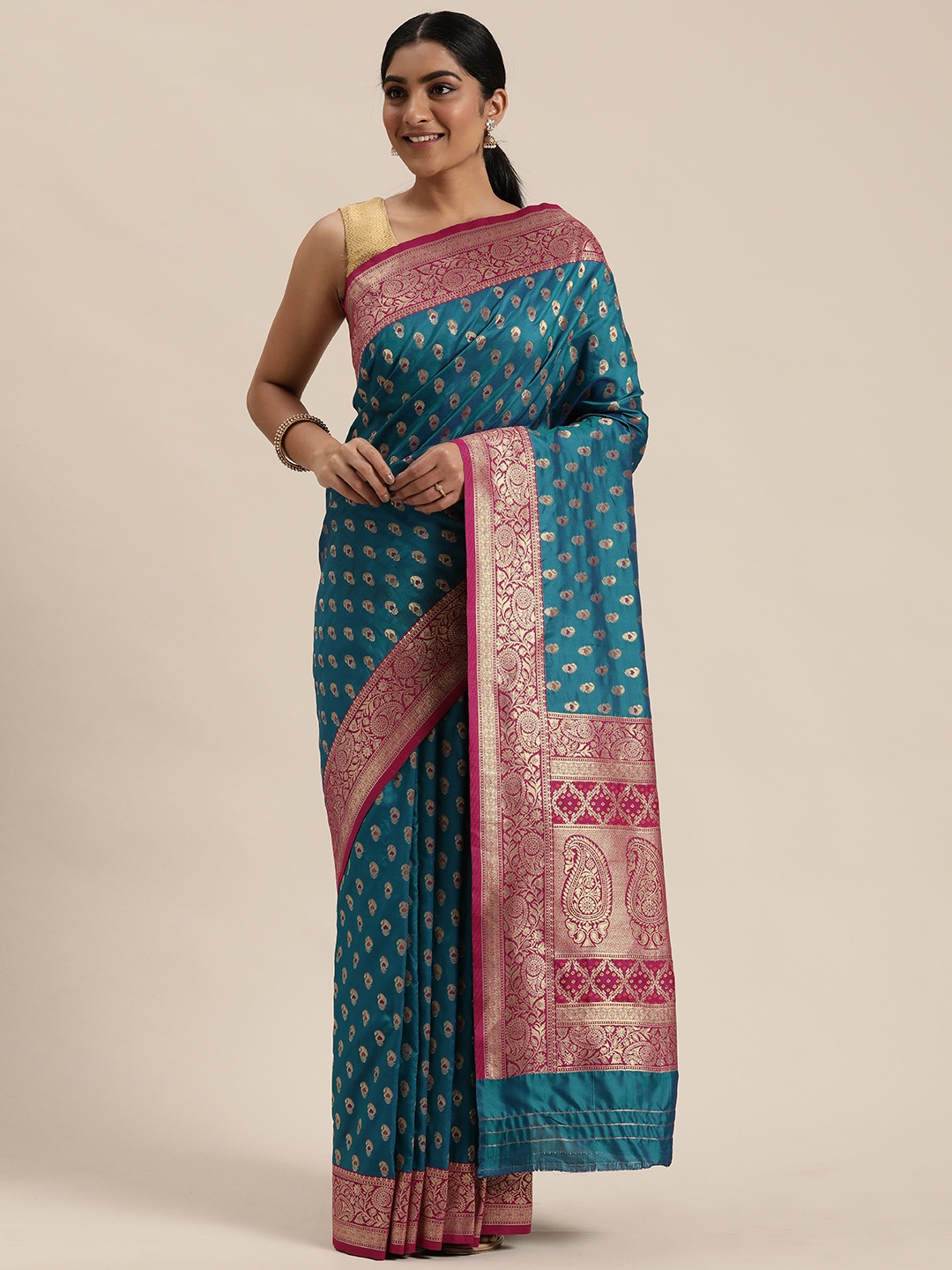 

Mitera Teal Blue & Silver-Toned Silk Blend Woven Design Kanjeevaram Saree