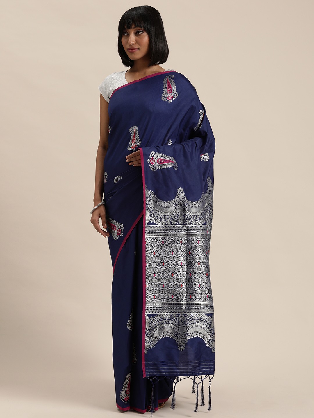 

Mitera Navy Blue & Silver-Toned Woven Design Kanjeevaram Saree