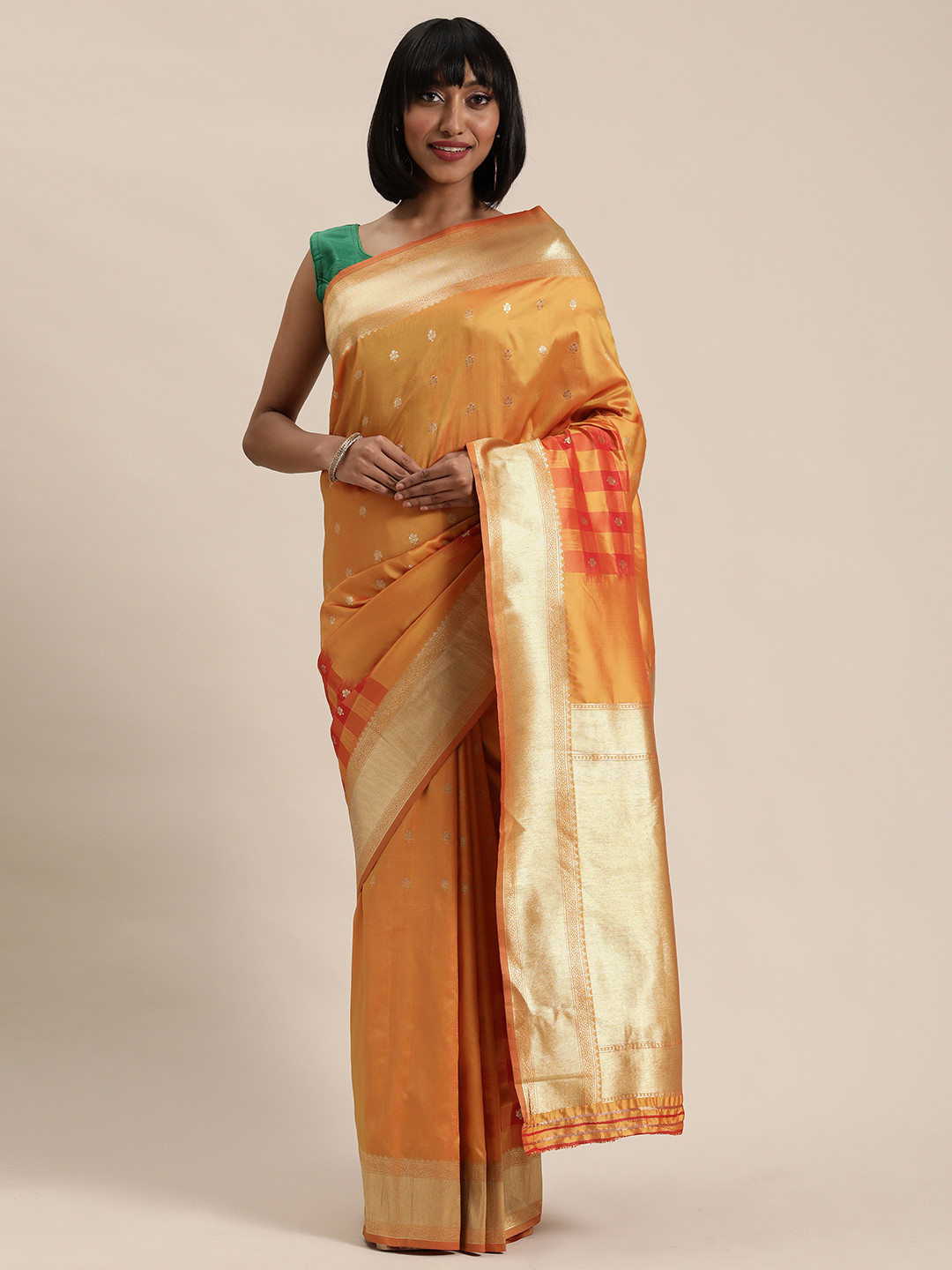 

Mitera Mustard Yellow & Gold-Toned Woven Design Kanjeevaram Saree