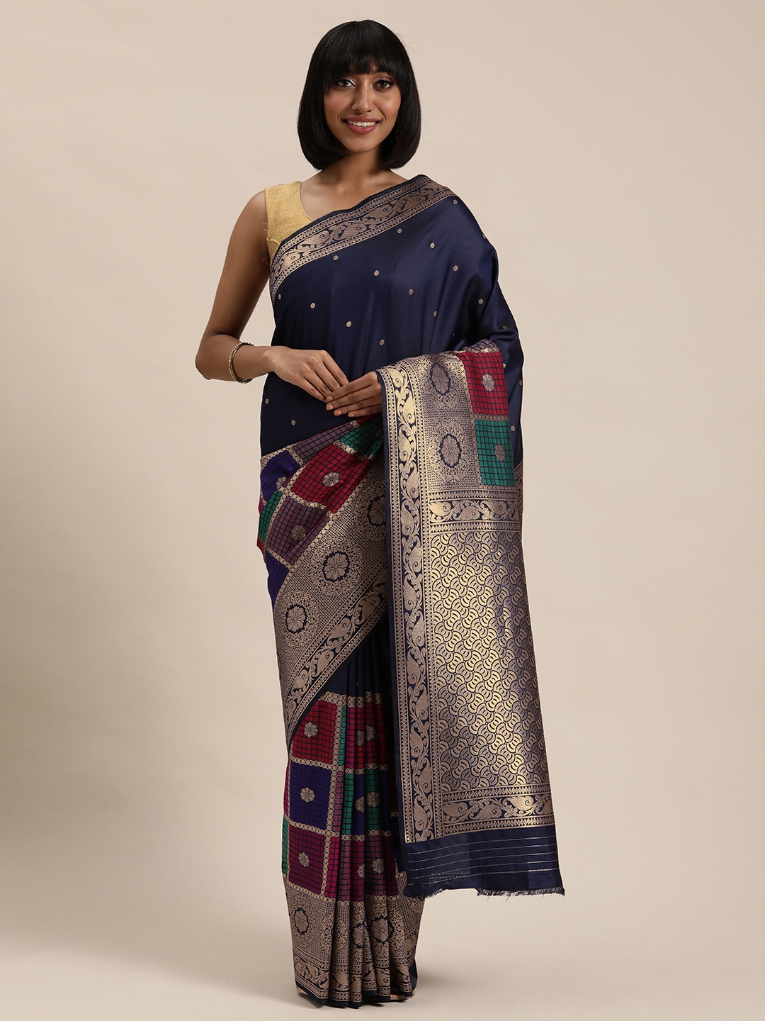 

Mitera Navy Blue & Golden Woven Design Kanjeevaram Saree